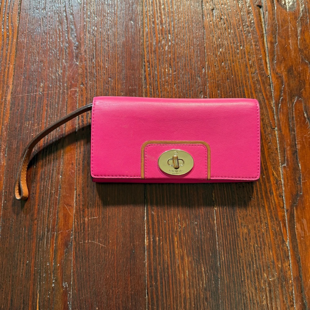 Kate Spade Leather Wristlet Wallet Womens Pink Tan Turnlock Striped Lining